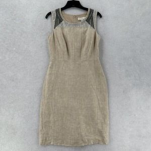 Loft 100% Linen Sequin Beaded Sleeveless Sheath Dress Knee Length Beige Womens 2